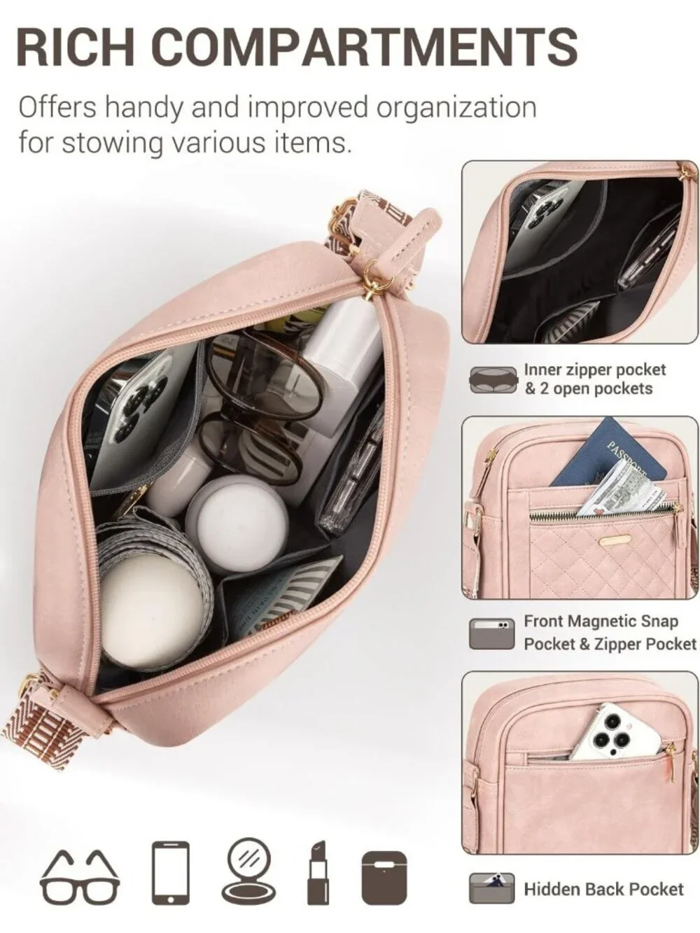 Women's Pink Small Shoulder Bags with Adjustable Strap for Travel Workout